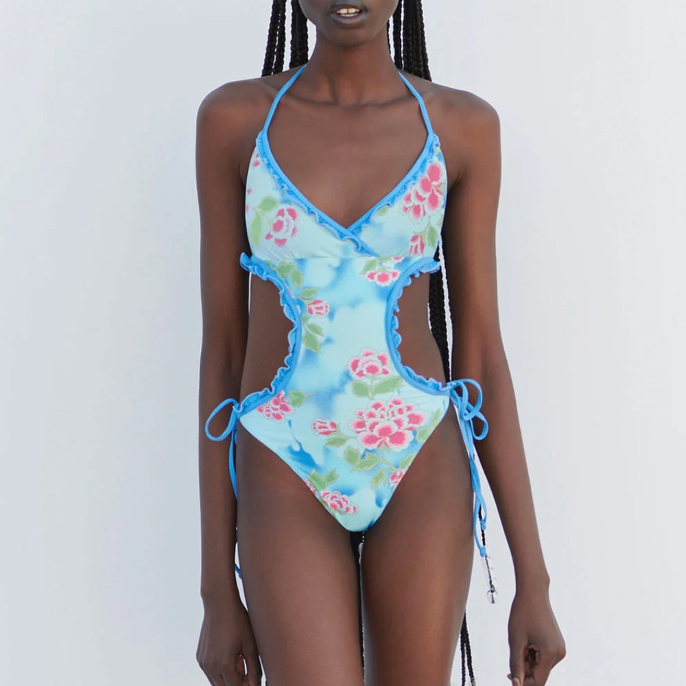 Frankie’s Bikinis Danielle Floral One Piece in Blue Daiquiri